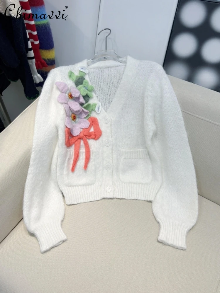 

High-Grade Flower Hair Sweeper Female Japanese Lazy Style Retro V-neck Knited Jacket Sweet Girl Long Sleeve Cardigan Tops