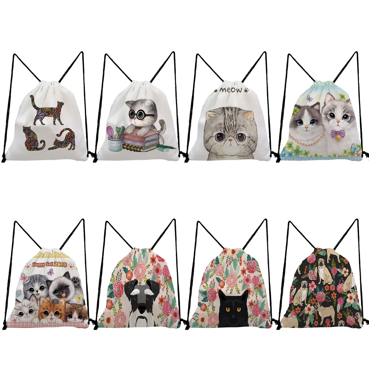 

Cute Animal Printed Women Drawstring Bags Cartoon Cat Dog Floral Painting Backpack Student Book Softback Bag Storage Shoe Pocket