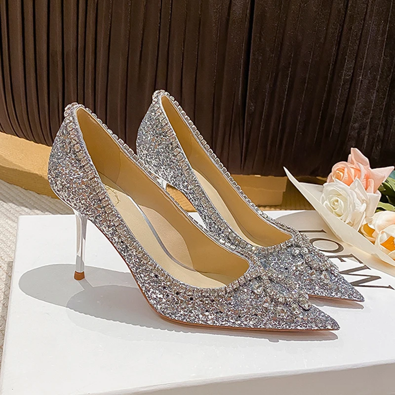 

2022 Autumn New Sexy Shiny Diamond High Heels shoes Shallow Pointed stiletto Pumps for women Luxury designer Wedding party shoes