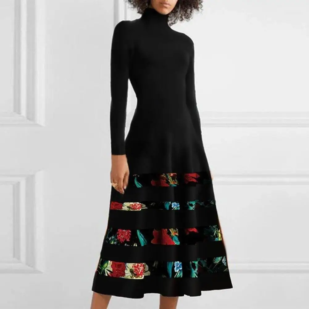 

Women Dress High Collar A-line Loose Hem Patchwork Flower Print Women Fall Dress Color Matching Lady Prom Party Midi Dress