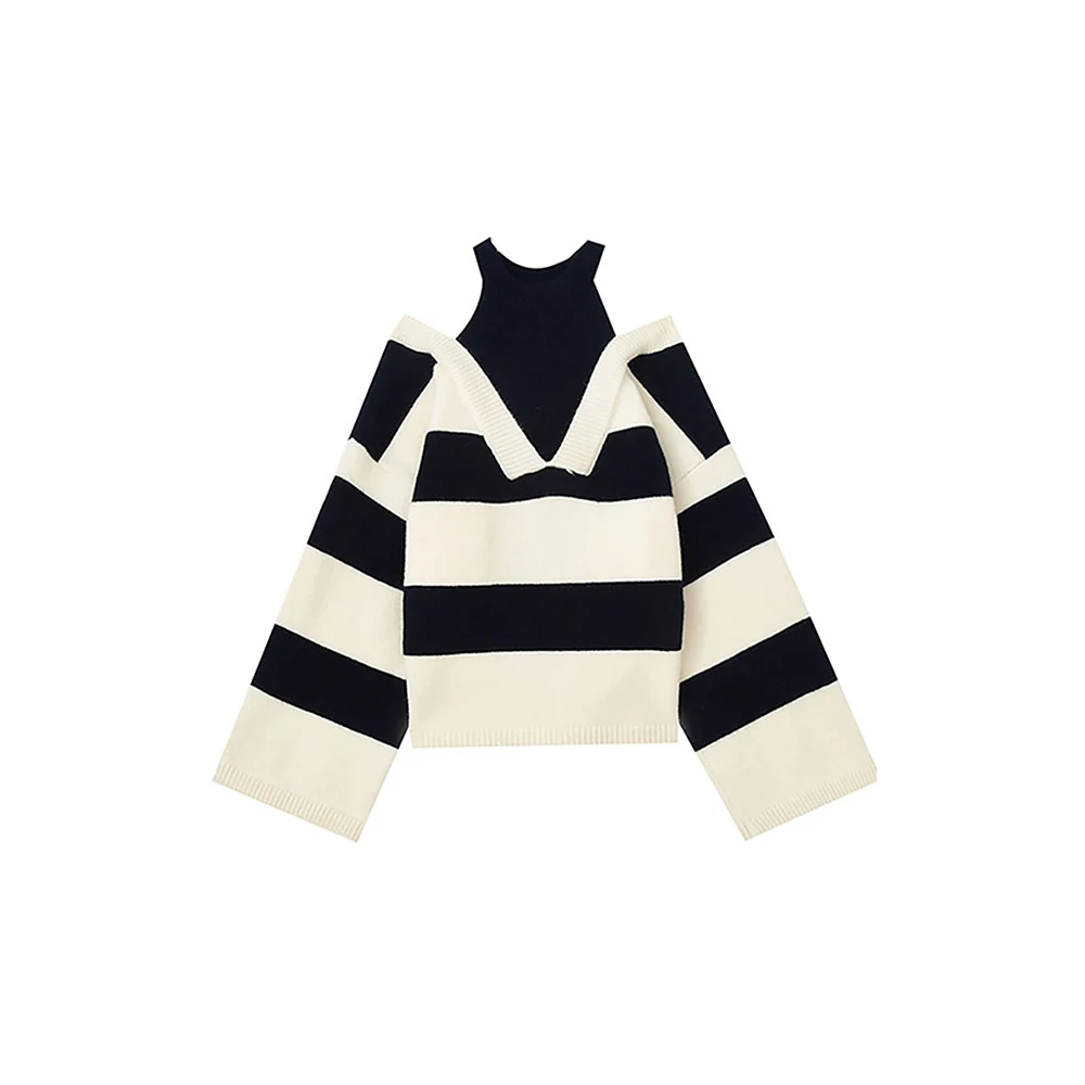 

Women Sweaters Striped Fake Two Pieces Off Shoulder Slash Neck Knitted Pullovers Top Womens Trendy Autumn Winter Knitwear Tops