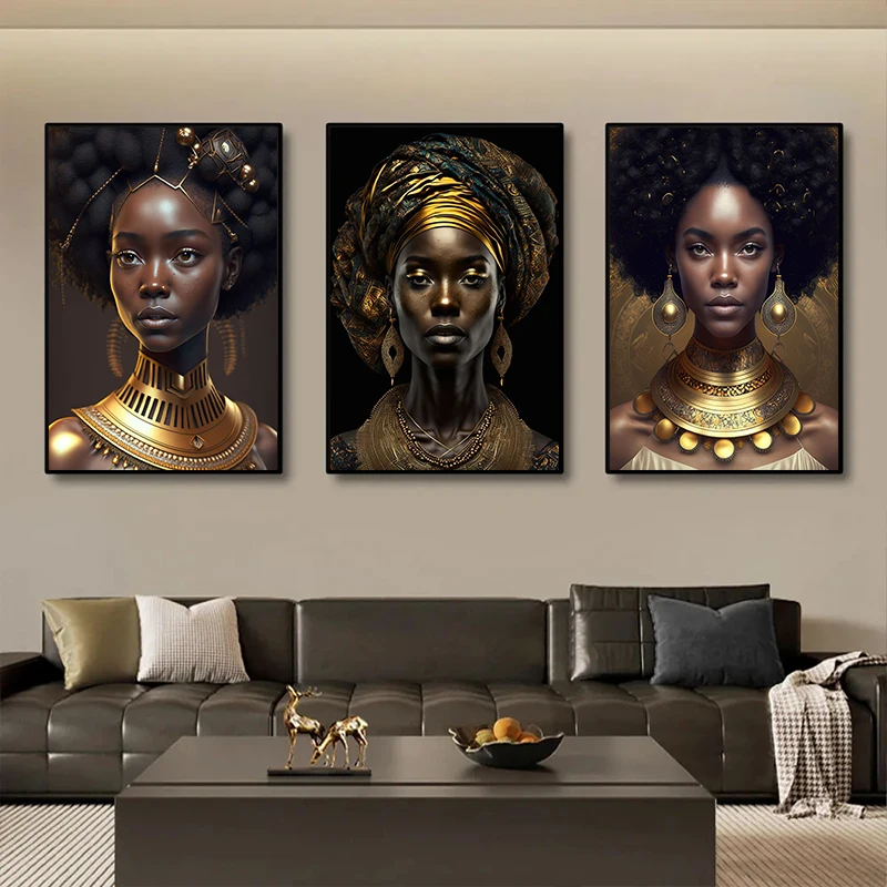 Elegant African Black and Gold Woman Portrait Canvas Art for Modern Living Room Decor