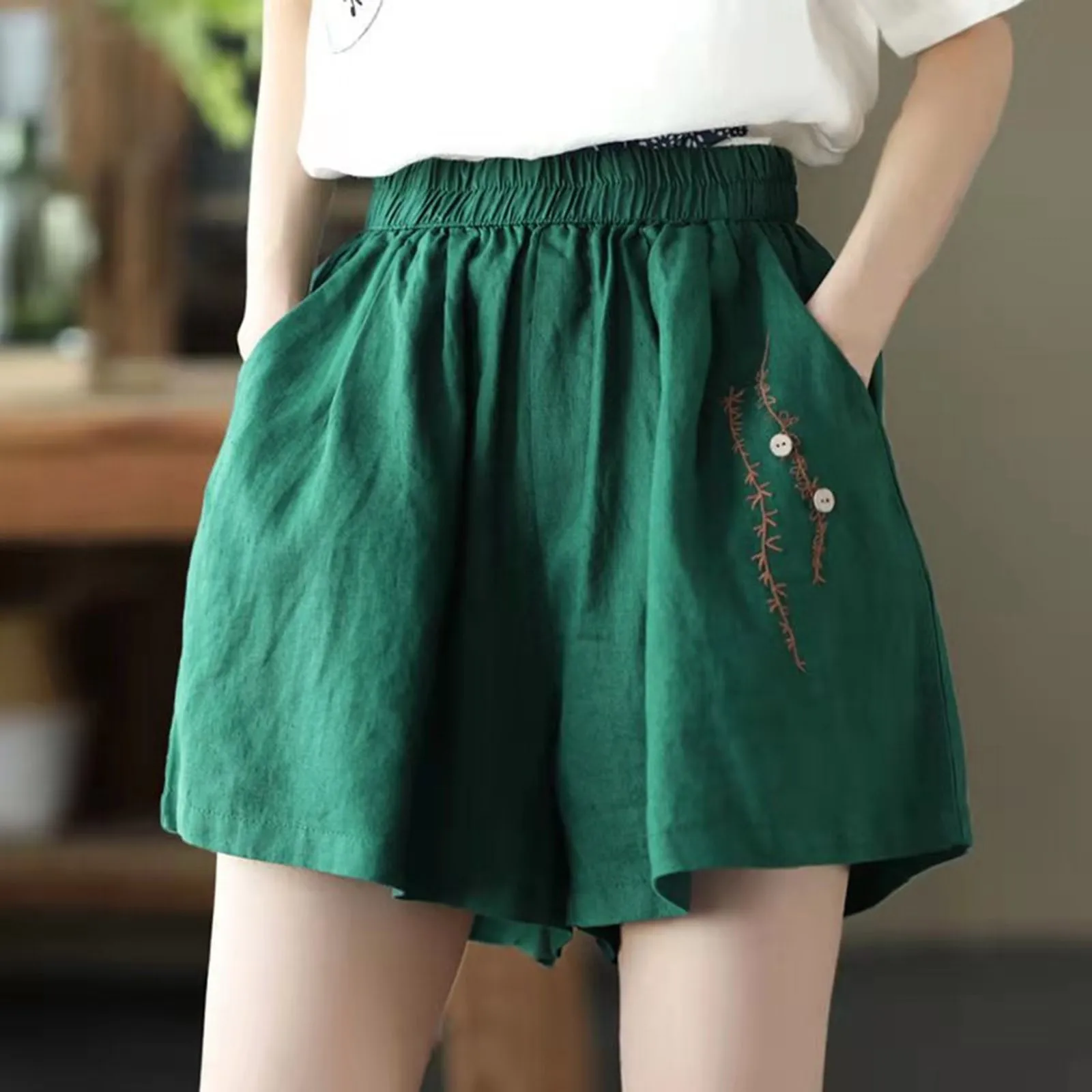 

Women Casual Elastic Waist Wide Leg Shorts Pocket Solid Mini Hot Short Pants Mujer Spring Summer Baggy Loose Comfy Cortos