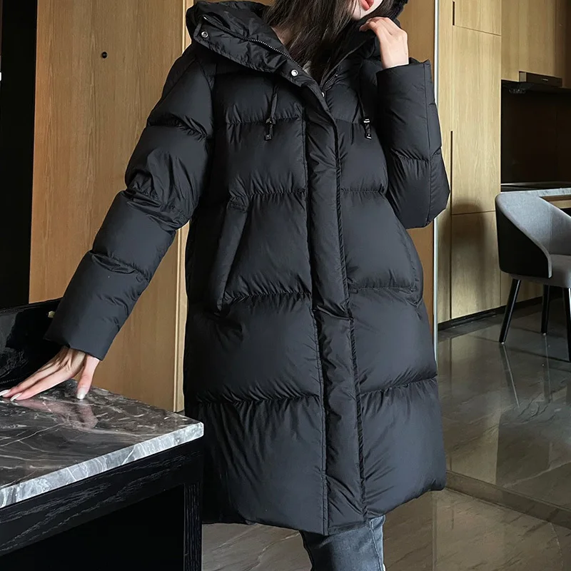 

23 Winter Middle Length Hooded Grey Goose Down Jacket Fashion Pockets Thicken Windproof Warm Coat High Quality Chic Outwear Top