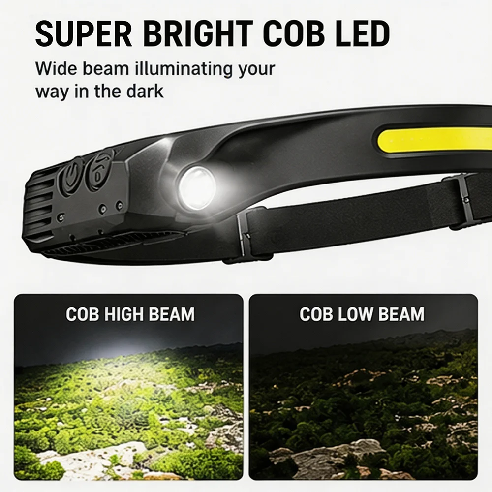USB 충전식 LED 헤드램프 모션 센서 COB 헤드 토치 방수 야외 캠핑 낚시 작업등