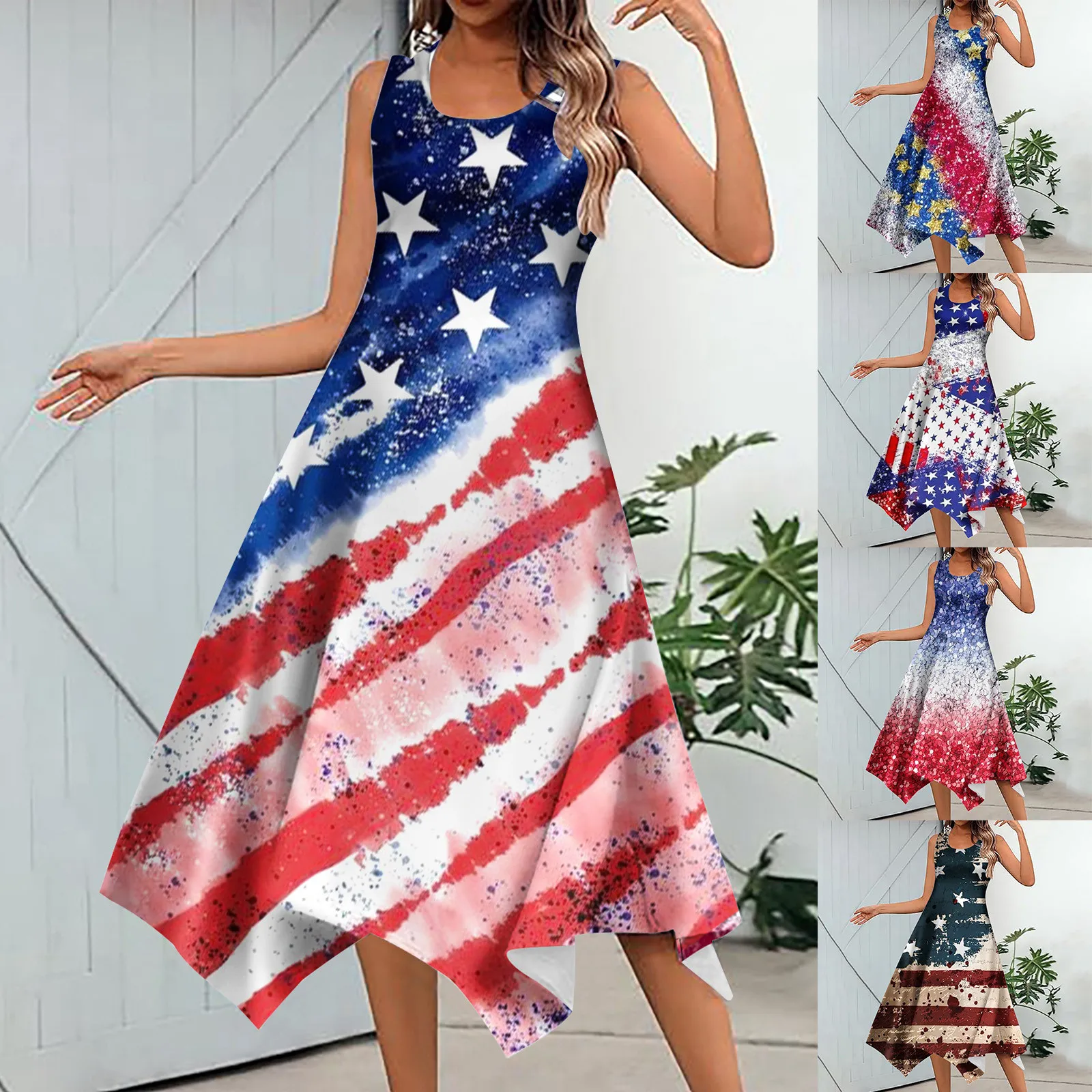 

Dress For Women Summer 2024 Fashion Independence Day Print Dresses Irregular Hem Round Neck Sleeveless Mid Calf Casual Sundress