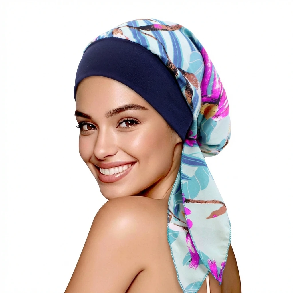 Neue Damen-Hüte mit Blumenmuster, elastische muslimische Hijab-Hüte, Kopftücher mit langem Schwanz, Chemo-Mützen, Krebs-Bandanas – Detail 7