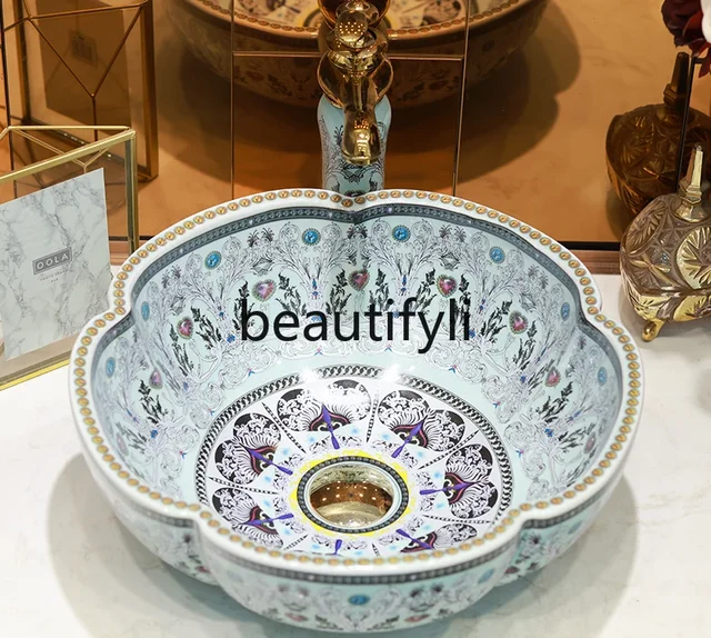 อ่างล้างหน้าเซรามิกรูปทรงกลีบดอกไม้ รุ่น B185 ดีไซน์สร้างสรรค์สไตล์เรโทร 3