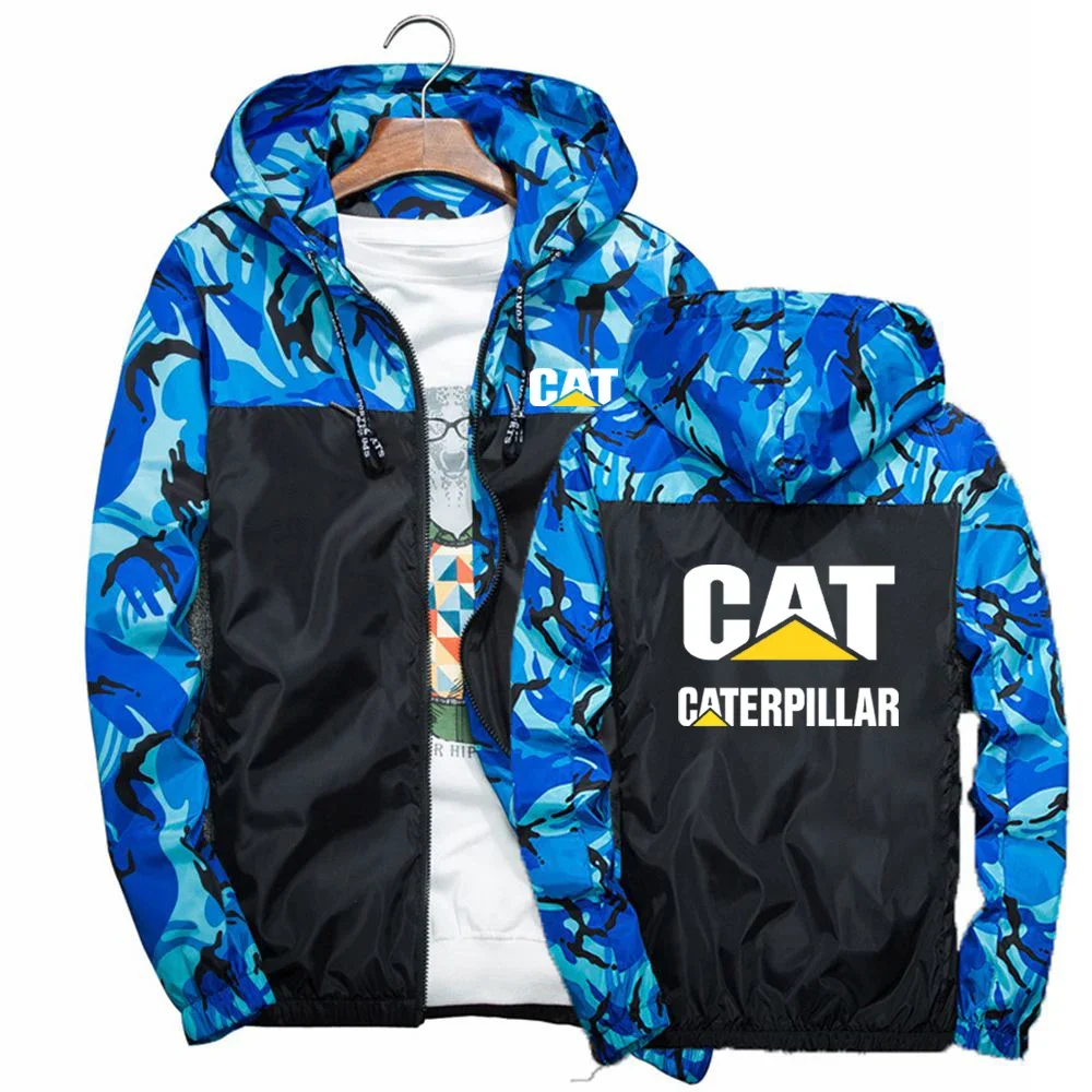 

2023 Spring Autumn CAT Caterpillar Logo Printing Popular Camouflage Hooded Jacket Fashion Patchwork Windbreaker Mesh Lining Coat