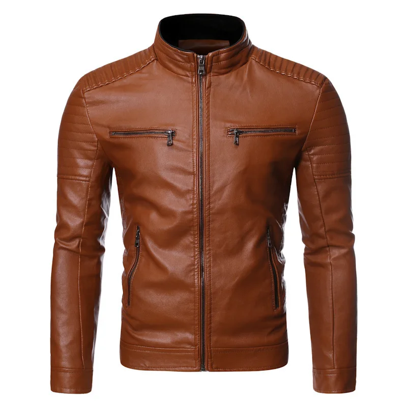 Men's Leather Jacket Spring and Autumn Season Thin Standing Collar Stripe Double Zipper PU Leather Jacket Motorcycle