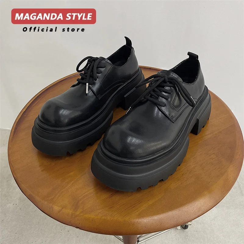 Original niche design, big toe lace up derby shoes, thick soled small leather shoes, men's height increasing 7cm leather shoes