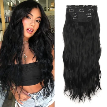 여성용 긴 웨이브 천연 합성 클립, 두꺼운 헤어 피스, 블랙, 20 인치, 4 개, 20 인치, 1B #