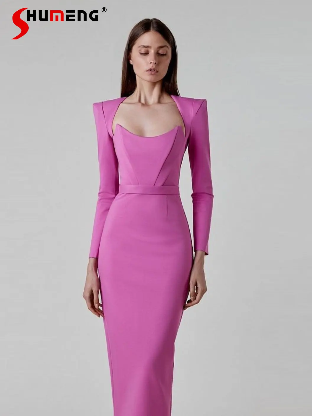 

Elegant Maxi Dress Autumn Hepburn Style Square Collar Long Sleeve Bandage High Waist One-Piece Dress Women's Slimming Clothing