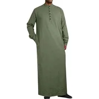 Long Sleeve Arabic Muslim Robe for Men Traditional Ethnic Button Clothing