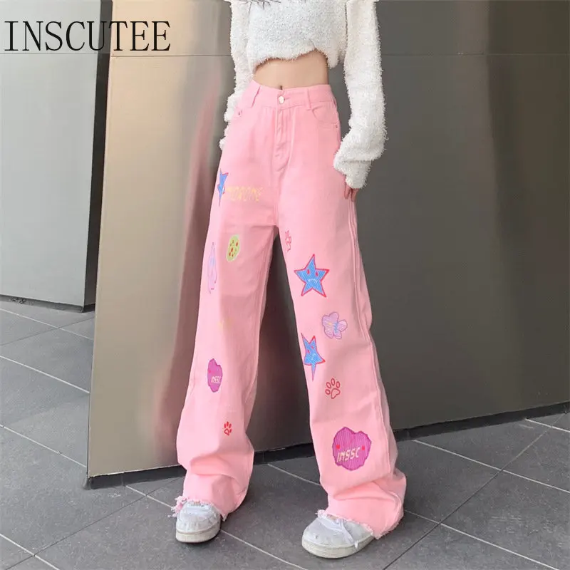 

INSCUTEE Harajuku Pastel Goth Pink Pants Women Streetwear Kawaii Cut Hotsweet High Waist Pentagram Patchwork Straight Trousers