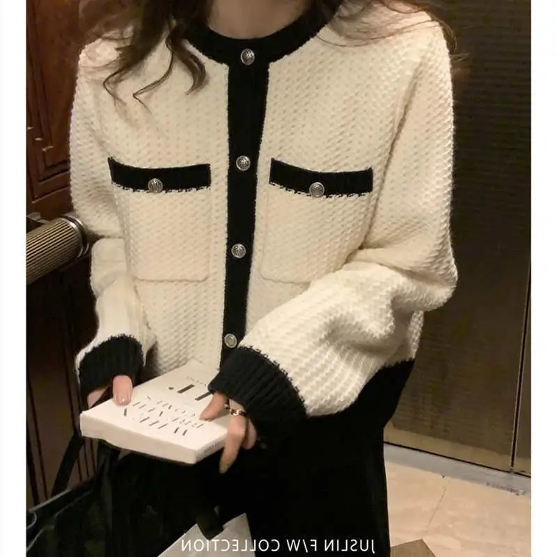 2022 Autumn New Korean Version of The Small Fragrance Style Contrast Color  Knitted Sweater Jacket Cardigan Women - AliExpress