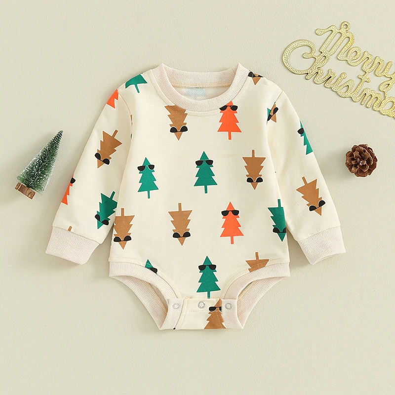 

Baby Long Sleeve Christmas Sweatshirt Rompers Newborn Christmas Tree Print Xmas Bodysuit Infant Loose Fit Jumpsuits Outfits