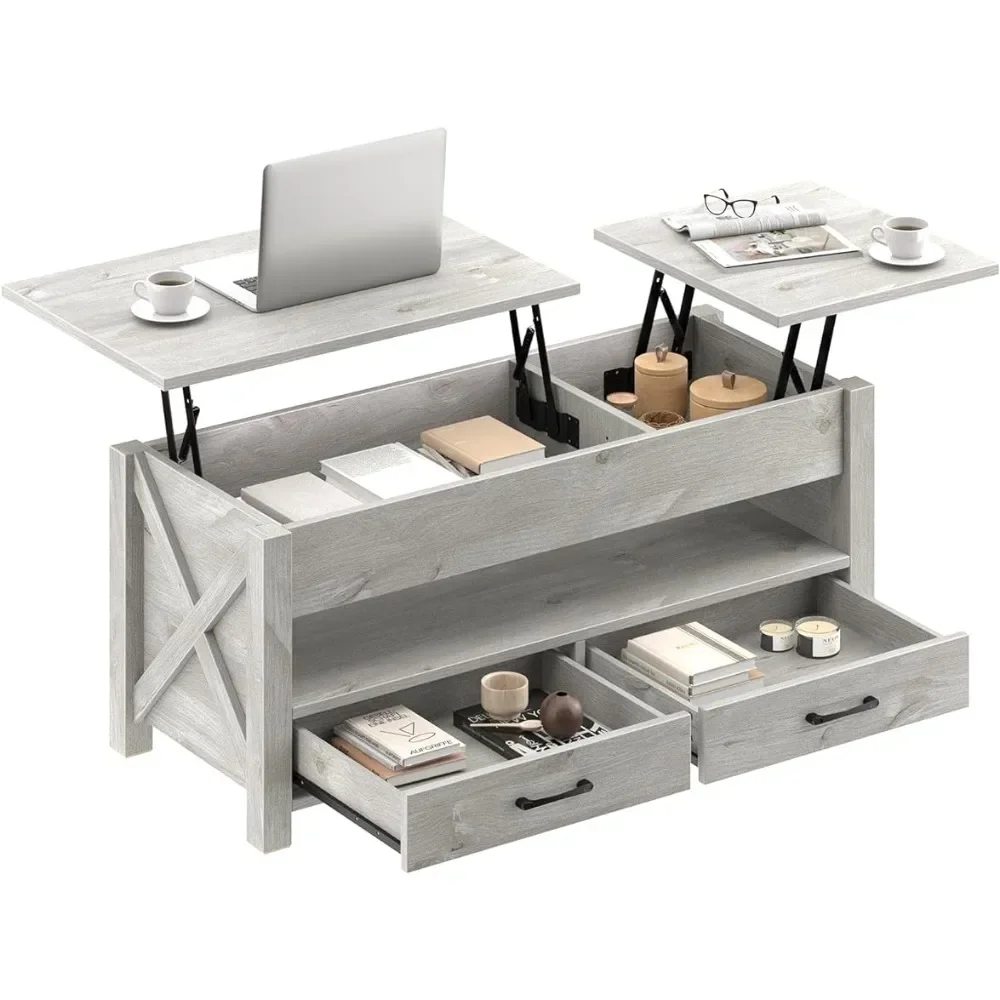 

Подъемный журнальный столик 47,2 дюйма с 2 ящиками для хранения и скрытым отсеком, журнальный столик для гостиной, серый, бесплатная доставка для дома