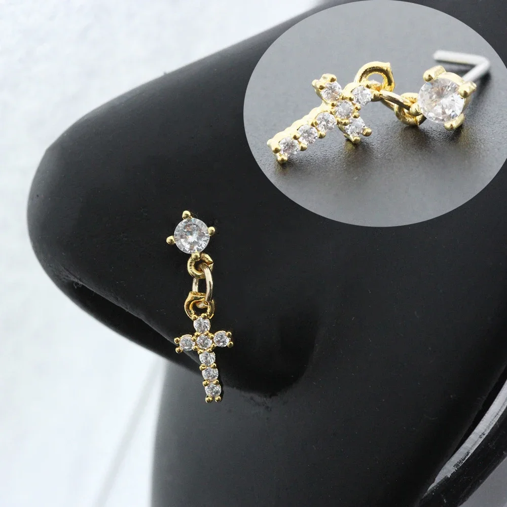 Nose Rings 20G Surgical Steel Nose Rings for women Cross Nose Piercing Jewelry Body Jewelry Shiny CZ Cross Dangle L Shape Studs
