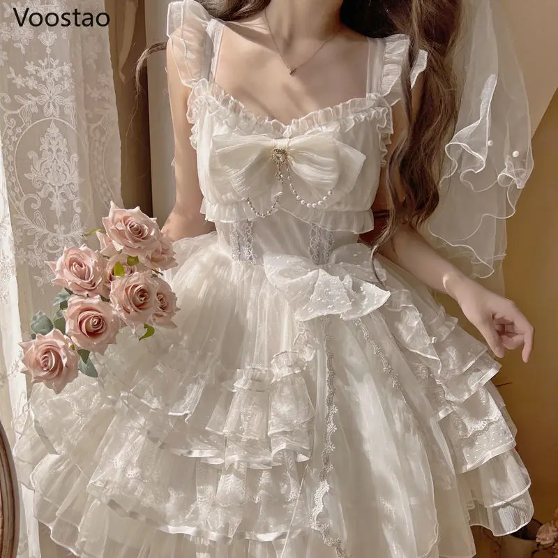 Sweet Lolita Princess Dress Vintage Victorian Women Elegant Ruffles Pearl Bow Party Tiered Dresses Girly Kawaii Wedding Vestidos lolita dress lolita suspender dress lolita cosplay costumes suspender dress lolita skirt lolita blouses