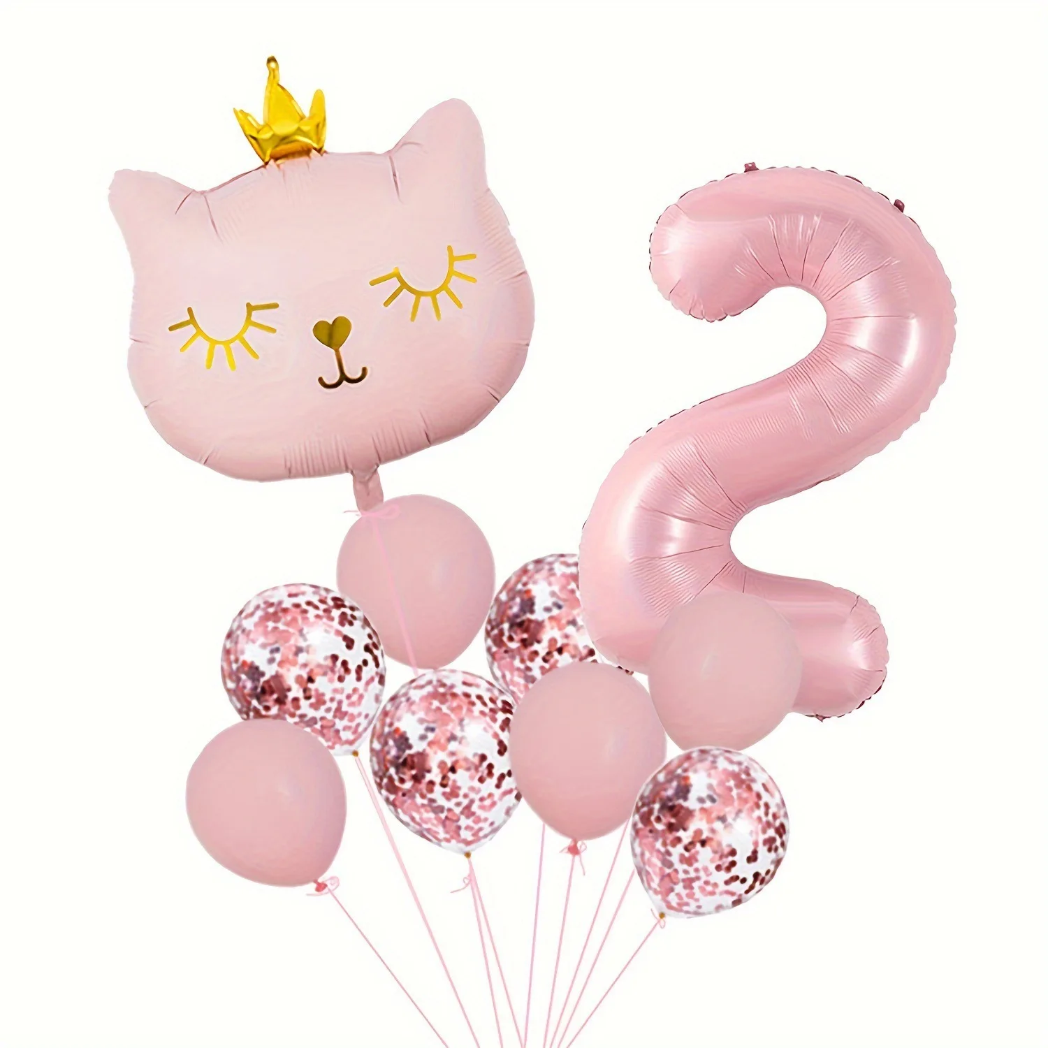 1set Pink Crown Cat Foil Digital Balloon Cartoon Animal Pull Flag Set Girl Happy Birthday Party Decorations Baby Shower Gift
