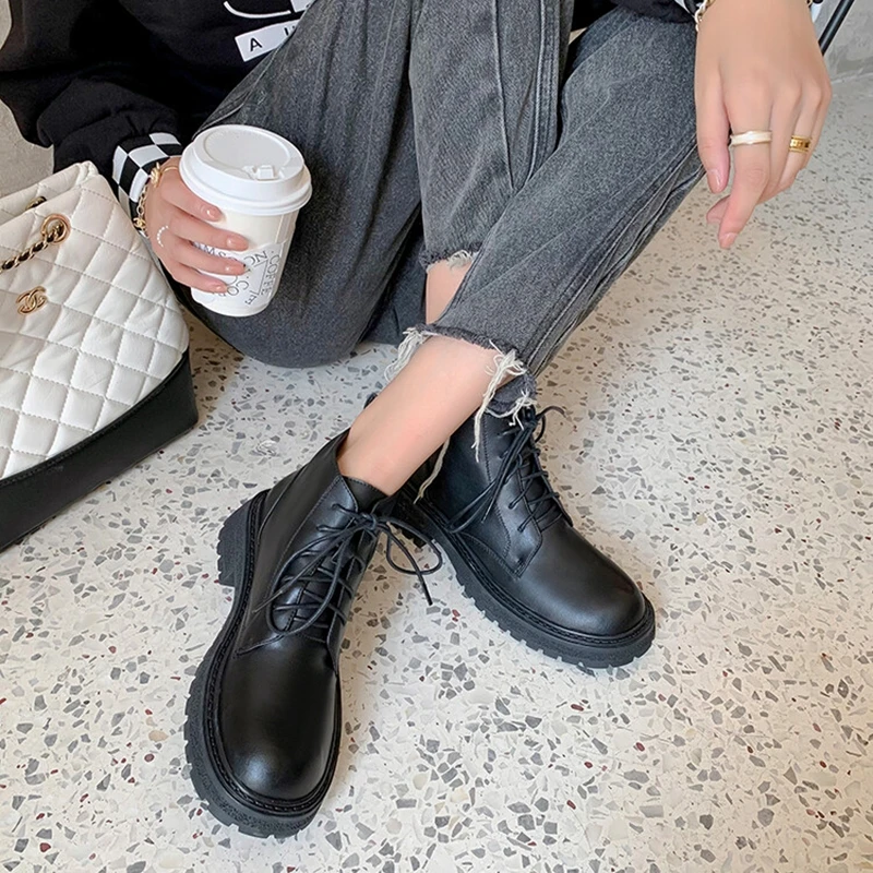 

NEW Autumn Shoes Women Round Toe Chunky Shoes Split Leather Ankle Boots Lace-up Short Boots for Women Solid Black Winter Boots
