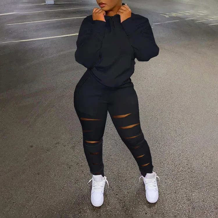 

2022 Autumn Two Piece Sets Womens Outifits Zip Detail Turn-Down Collar Long Sleeve Top and Ladder Cutout Pocket Long Pants Set