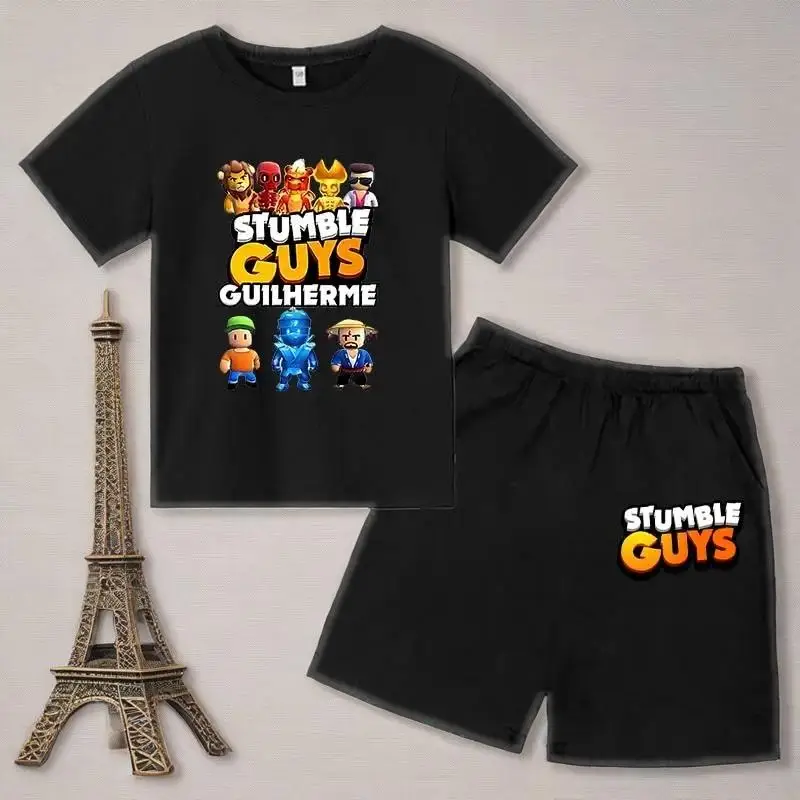 Summer 2pcs Guys Short Sleeve T-shirts+Pants Suits 3-13 Years Boys Girls Outfits Children Kids Funny Game Print Stumble Clothes