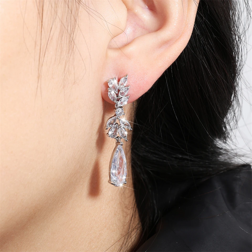 Zircon Leaf Dangle Earrings Water Drop Crystal Flower Pendant Earring For Women Bridal Wedding Jewelry dangle earrings,drop earrings,flower earrings,pendant earrings,crystal earrings