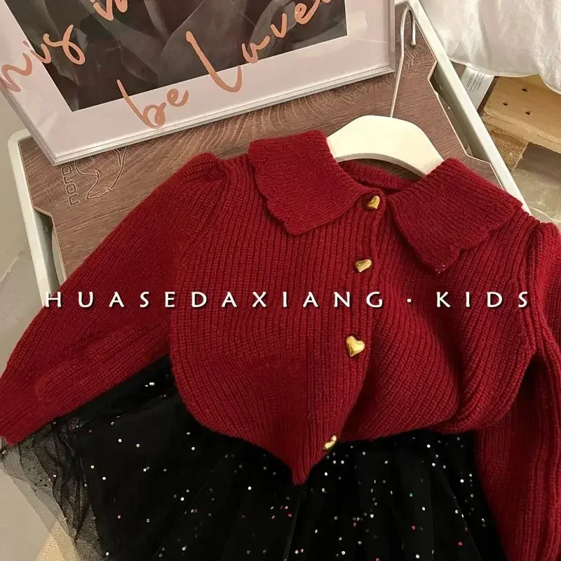 

2024 Sweater Turn-down Collar Full Sleeve Regular Length Solid Simple Cotton Comfortable Elegant Casual Winter Children Girls