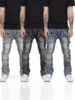 Men's Regular Fit Stacked Jeans Ripped Slim Fit Patch Distressed Destroyed Straight Denim Pants Hip Hop 1