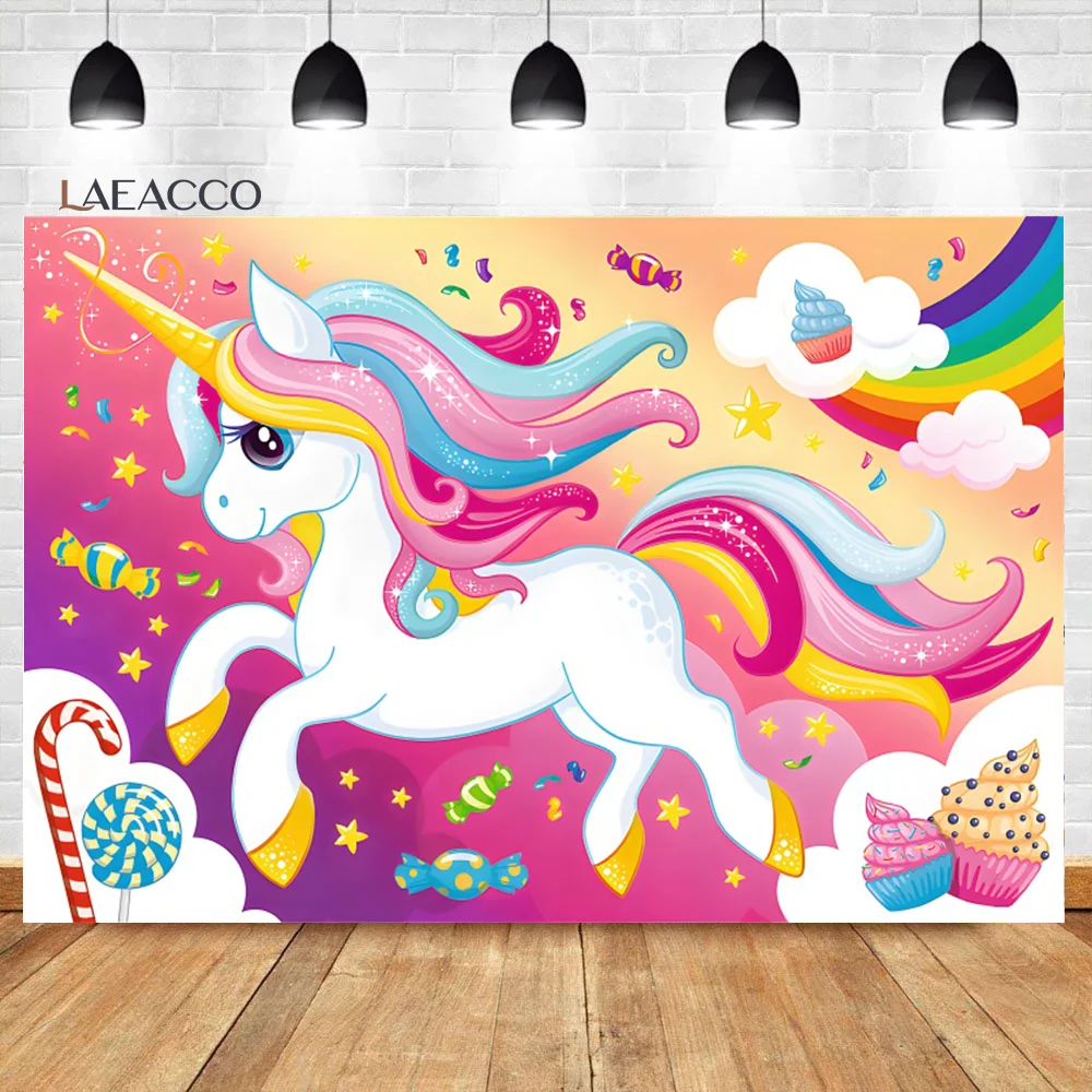 

Laeacco Unicorn Theme Birthday Party Photography Backdrop Cartoon Stars Rainbow Lollipop Kids Girls Portrait Custom Background