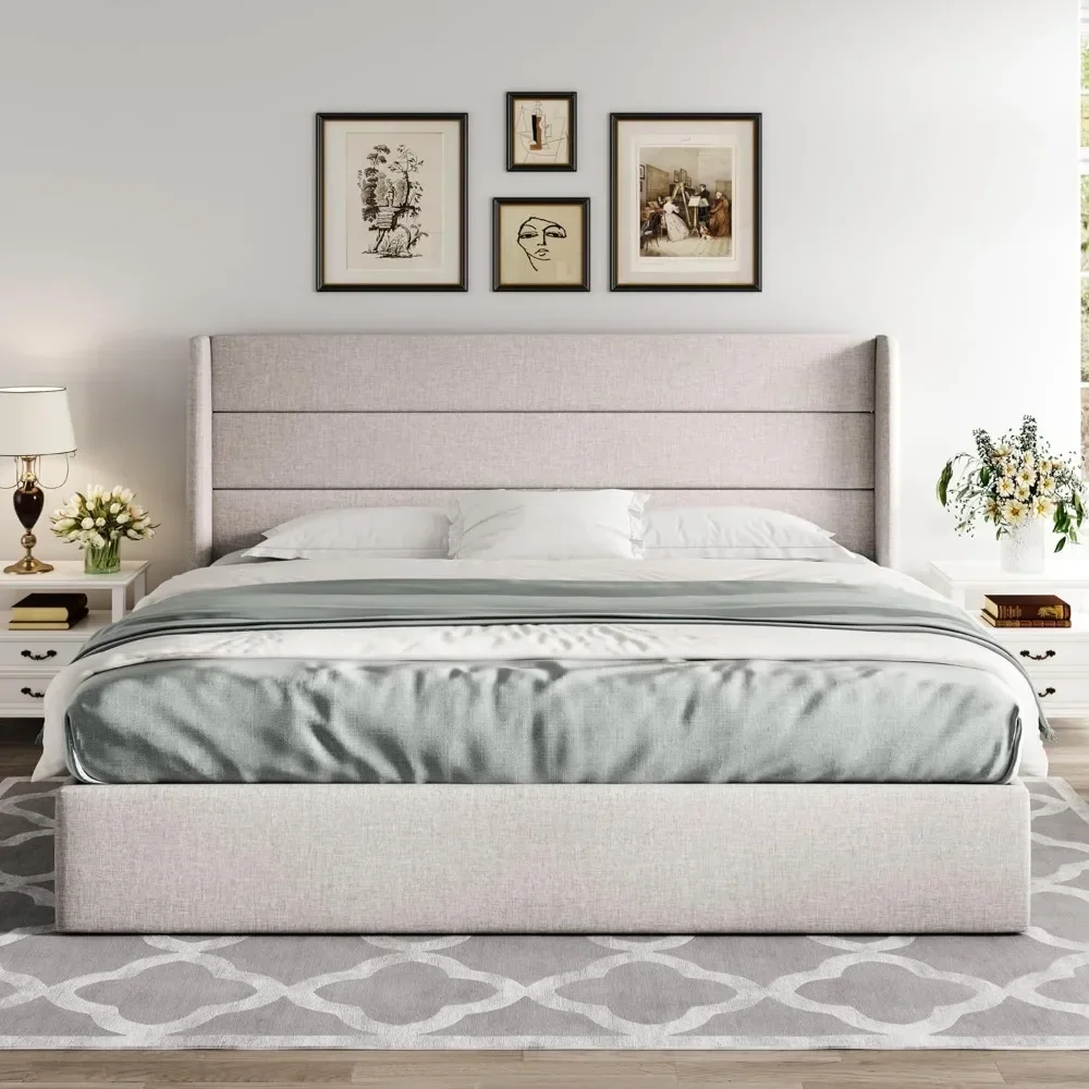

Bed frame large lift storage bed, no springs required, easy assembly, hydraulic storage, modern wing back headboard