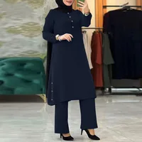Women's Muslim Two Piece Set Fashion Elegant Solid Colour Irregular Long Shirt Top Wide Leg Pants Robe Abaya Muslim Woman Dubai 1