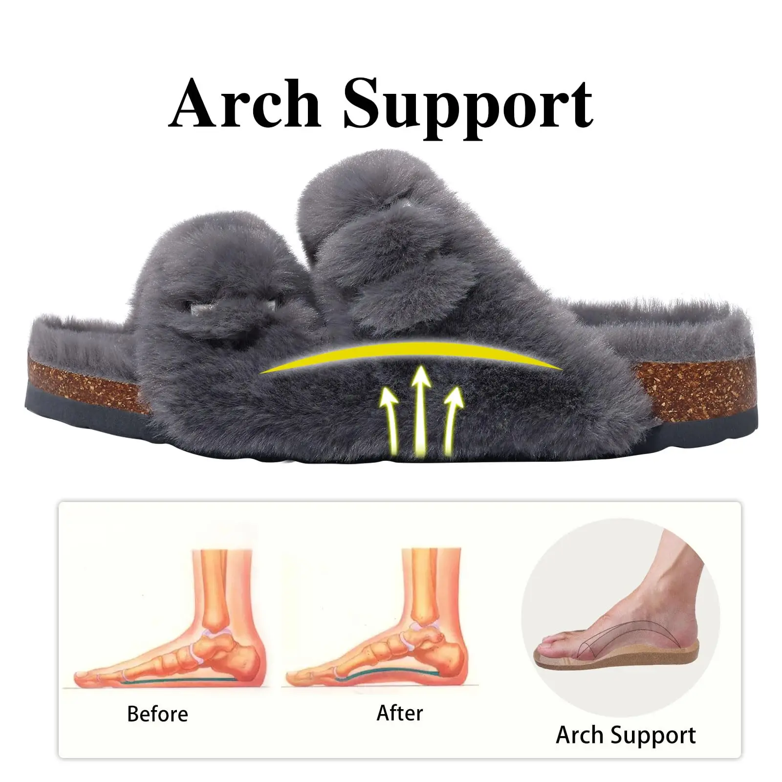 Shevalues Winter-Damenhausschuhe mit verstellbarer Doppelschnalle, Korkfußbett-Slides, gemütliche, flauschige, warme Sandalen mit Fußgewölbeunterstützung – Detail 19