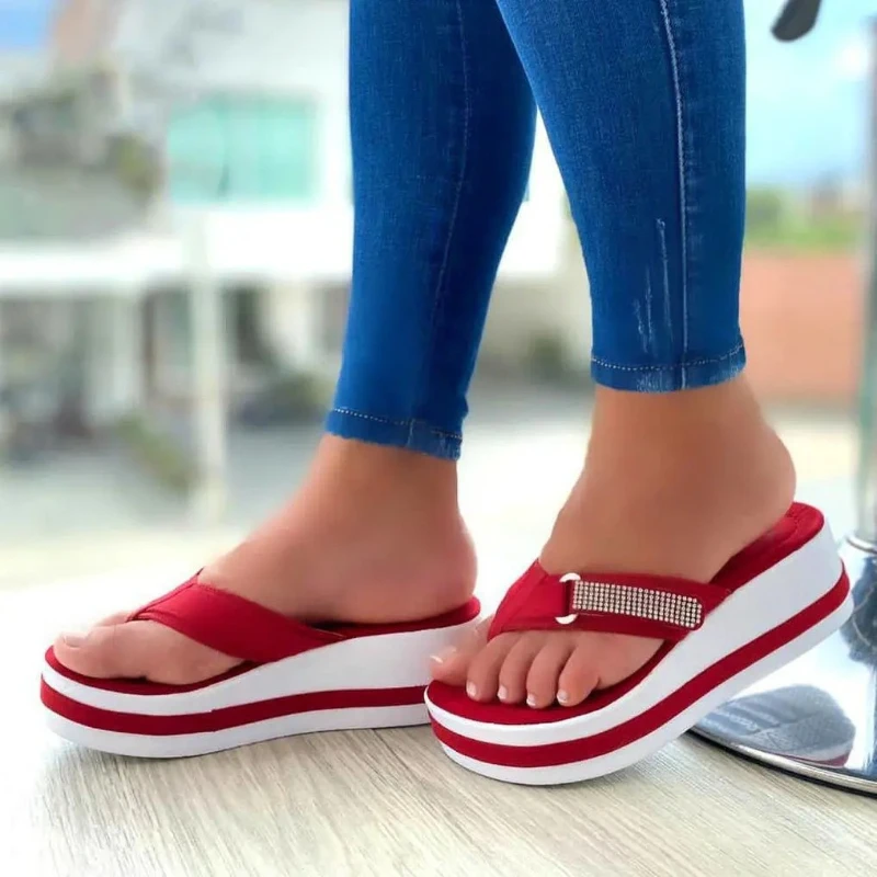 Plus Size Women's Shoes Rhinestone Sponge Platform Sandals Wedge Women's Slippers Summer 2022 Flip Flops Women Flat Beach Slides 