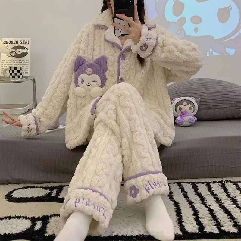 

Sanrioed Kawaii Kuromi плюшевый Пижамный Костюм Аниме Cinnamoroll Домашняя одежда для сна осень зима Милая Вышивка Ночная одежда подарок для девочки