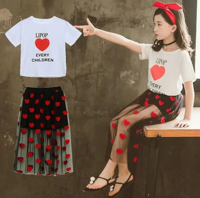 

Summer Children Clothing Sets for Girls T-shirt + Gauzy Skirt 2pcs Outfits Love Heart Pattern Kids Clothes Girls Party Costume
