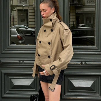 HXAO المرأة سترة واقية معطف ديمي الموسم اقتصاص خندق معطف امرأة طويلة الأكمام حزام سترة جديدة مزدوجة الصدر قصيرة خندق 2