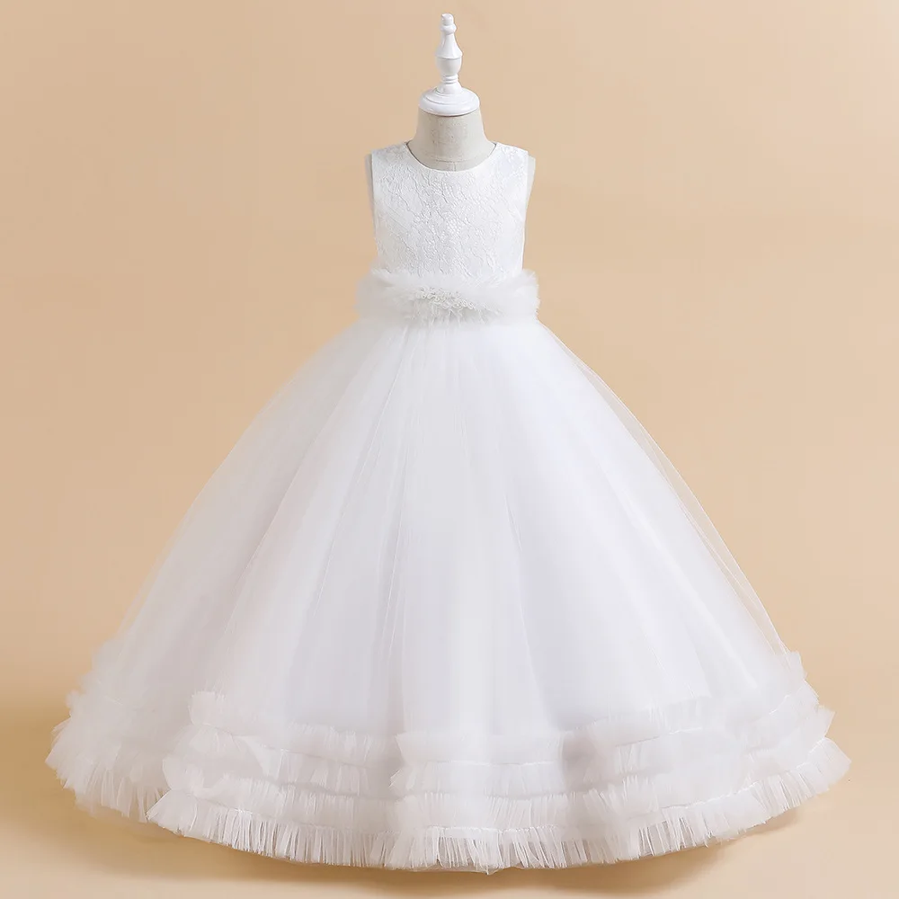 

White Lace Flower Girl Dresses For Wedding Floor Length Sleeveless Princess Birthday First Holy Communion Pageant Gowns 2023