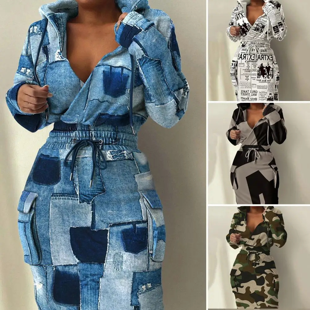 

Sweatshirt Dress V-Neck Long Sleeve High-Waist Women Fashionable Print Drawstring Elastic Waist Hoodie Dress Streetwear 스웨트 원피스