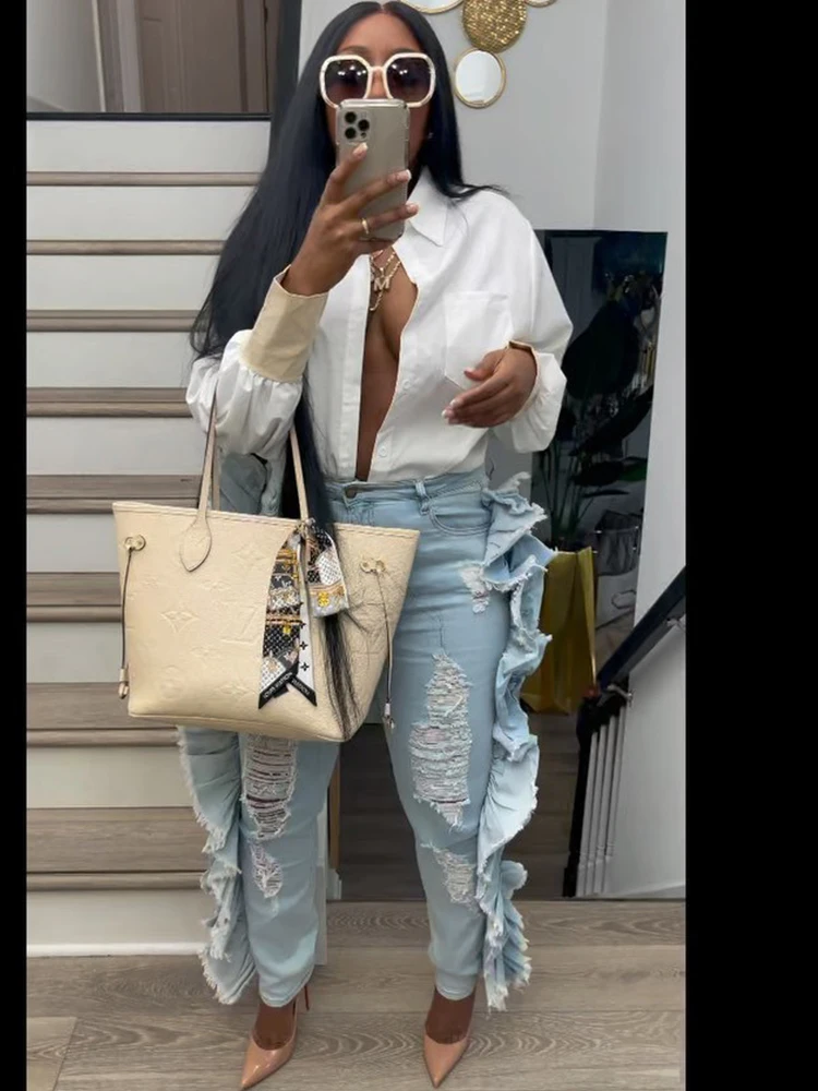 

Women Ripped Hole Side Ruffles Jeans Mid Waist Pockets Zipper Stretchy Skinny Pencil Denim Pants 2022 Summer Fashion Trousers