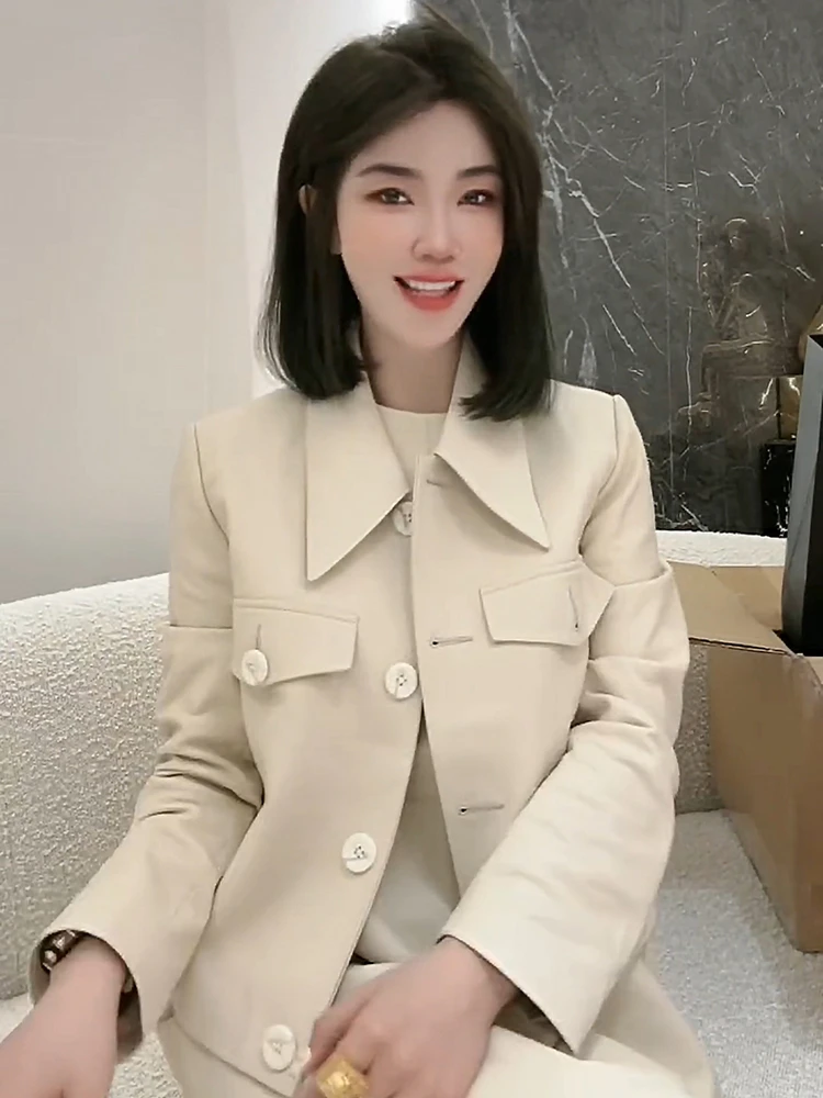 

Женская кожаная куртка с отложным воротником Oftuby, свободная уличная куртка из натуральной овечьей кожи, весна 2023