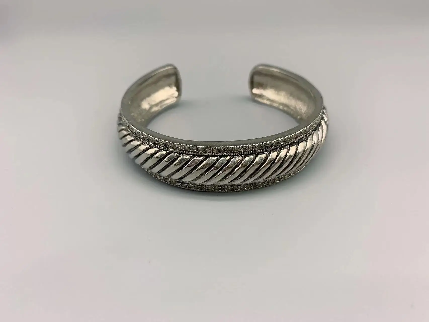 Le Han Jewelry Silver Cable Edge Cuff Bracelet With Clear  Cubic Zirconia Each Side 16mm Wide