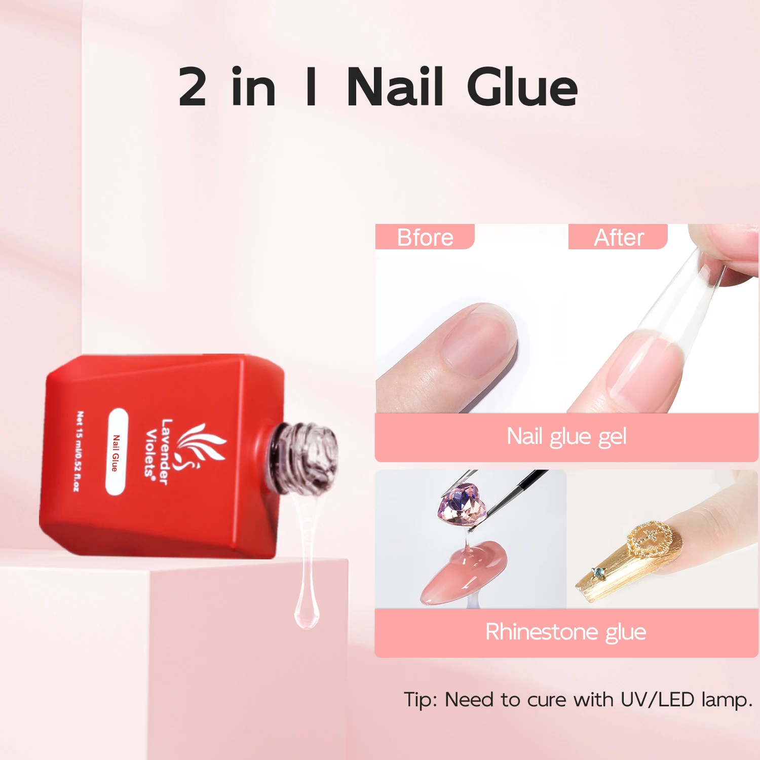 2pcs Gel Nail Kit, Almond Nail Tips and Nail Glue Gel Soak Off Gel Polish Curing Needed for Starters Nail Extension Women Gift 4