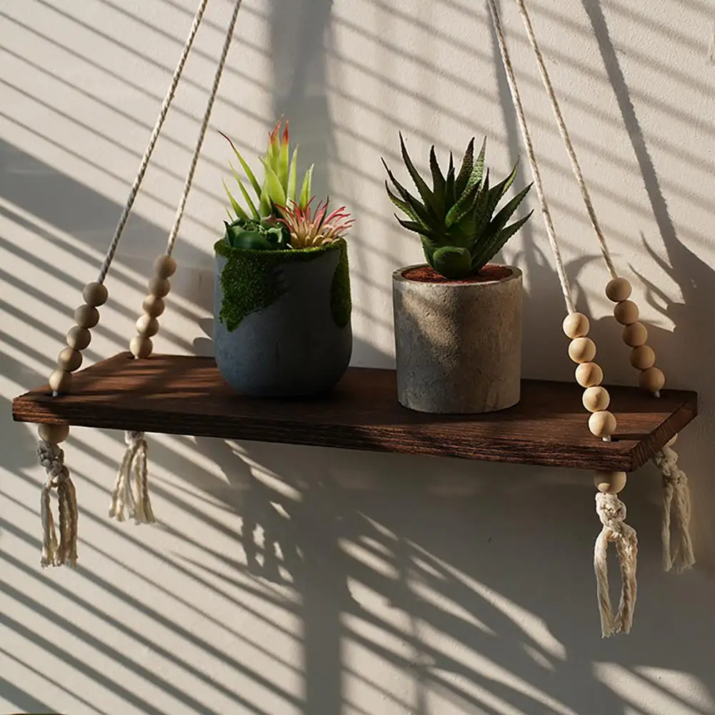 

Rope Hanging Shelf Nordic Boho Style Wood Wall Hanging Shelf with Tassels Adjustable Rustic Plant Storage Rack for Bedroom Room