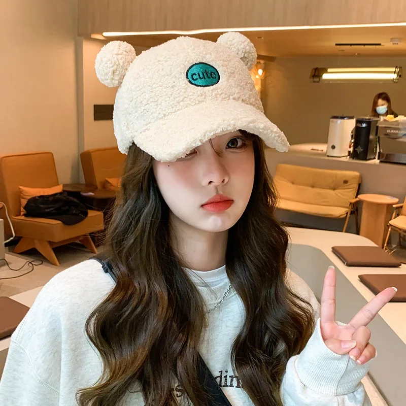 

Lamb Velvet Baseball Cap Female Korean Version of Cartoon Cute Bear Ears Cap Casual Warm Hat Female Tide