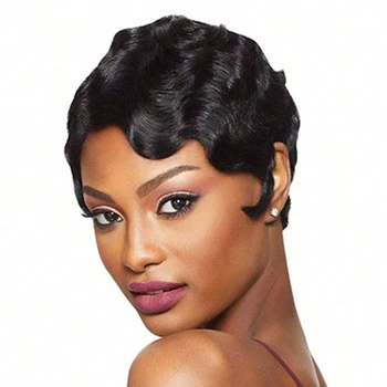 Women Black Blonde Golden Brown Pink Blue Wine Red Short Finger Wave Curly Wigs Nuna Wigs Janet Collection (Black)