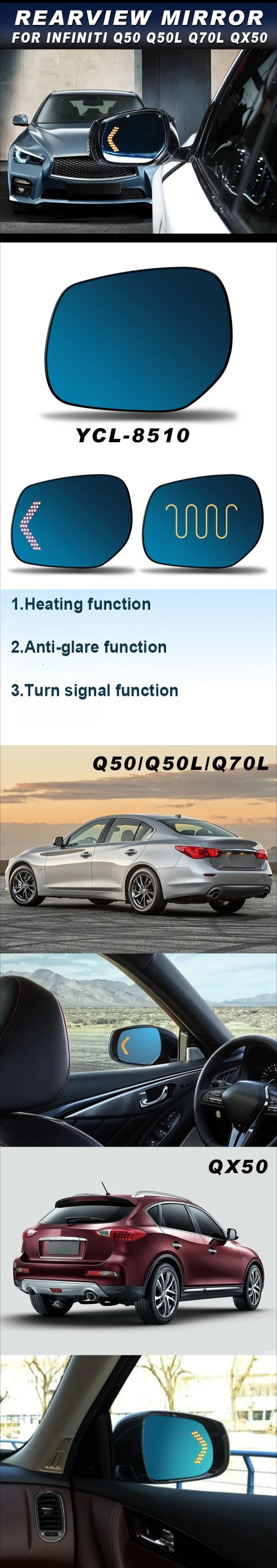 for INFINITI Q70 Q50L Q60S 2Pcs Car Rearview Mirror Heating Dynamic Turn Signal Anti-glare HD Blue Glass LED Indicator Mirror detail image 1