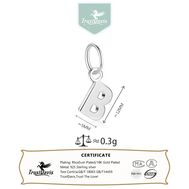TrustDavis Real 925 Sterling Silver 26 Letters Charm Pendant Handmade DIY Fit Necklace Fine Jewelry Accessories DH0020